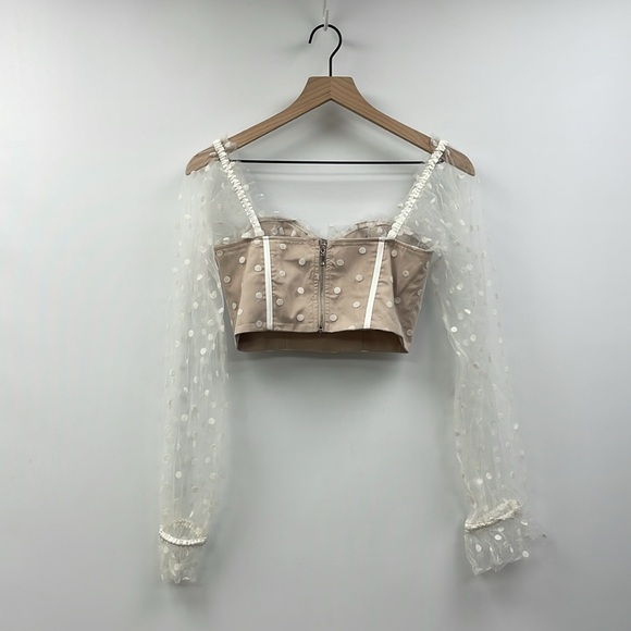 Hello Molly Sunset Polka Dot Mesh Sweetheart Corset Crop Top Preppy Beige 4 - Picture 7 of 12